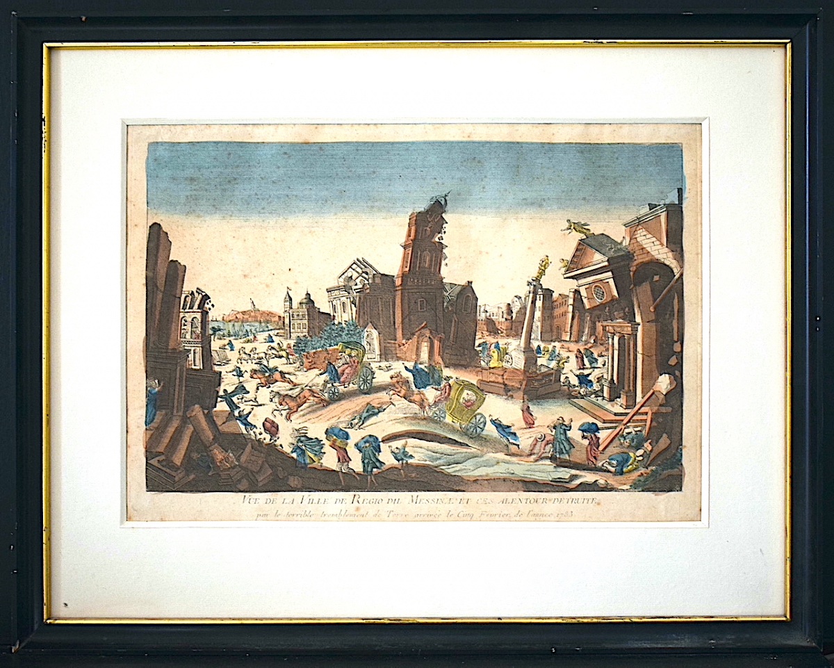 Gravure vue d'optique XVIII ème siècle tremblement de terre Italie Calabre en 1783 RT1485
