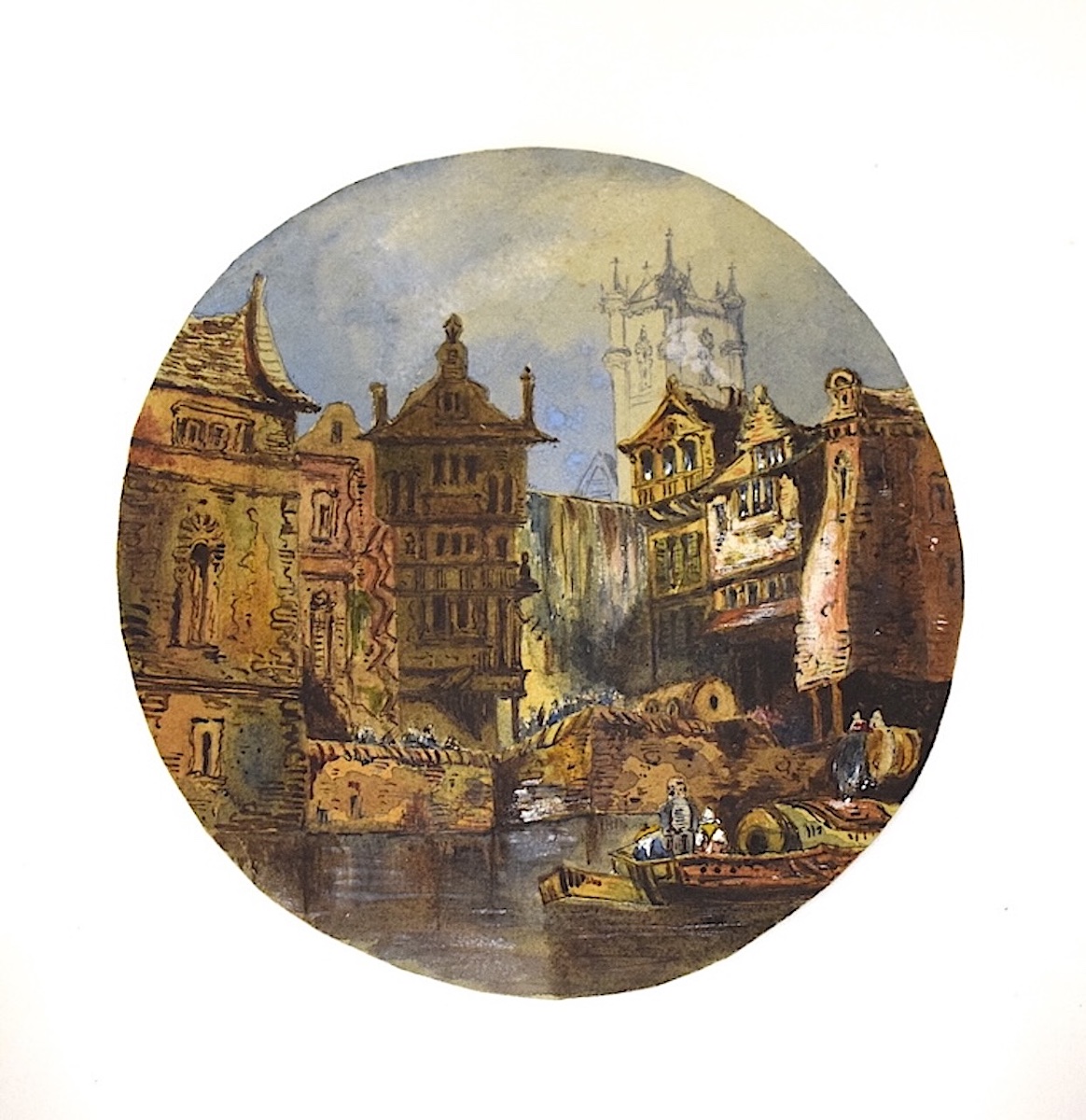 Two Watercolors: Saint Nicholas, New Castle, Lively Street Scene, England, Refm1182-photo-2