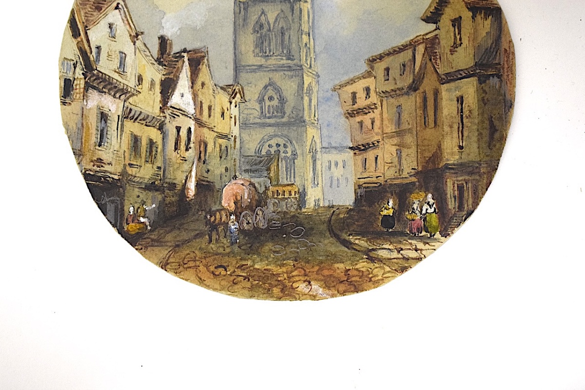Two Watercolors: Saint Nicholas, New Castle, Lively Street Scene, England, Refm1182-photo-3