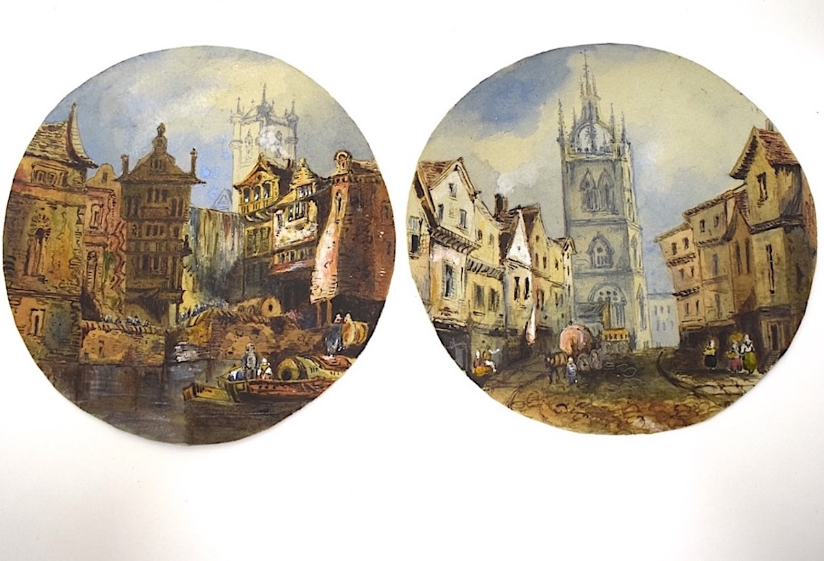 Two Watercolors: Saint Nicholas, New Castle, Lively Street Scene, England, Refm1182-photo-5
