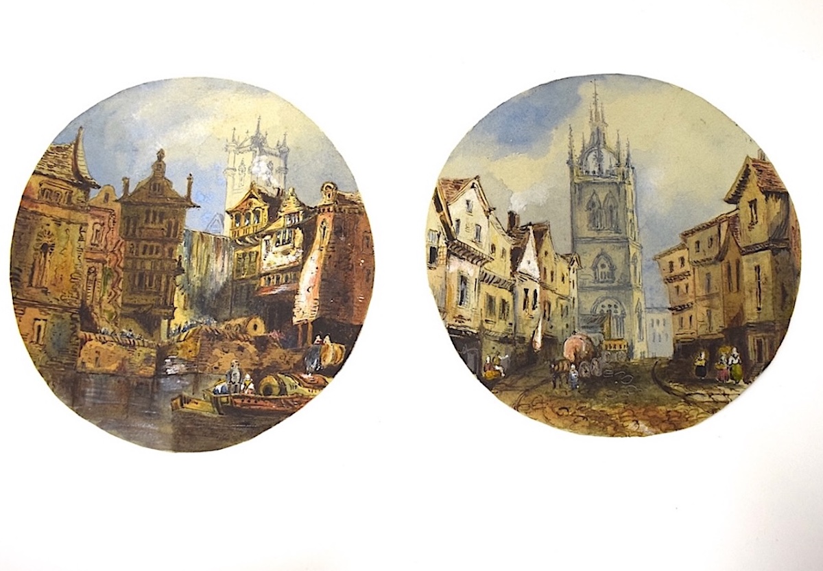 Two Watercolors: Saint Nicholas, New Castle, Lively Street Scene, England, Refm1182