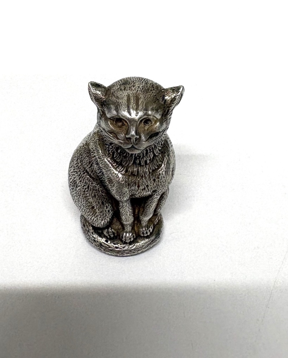 Seated Cat Sculpture, Animal Motif, Solid Silver, Umbrella Handle, 19th Century, Ref. 1204-photo-1