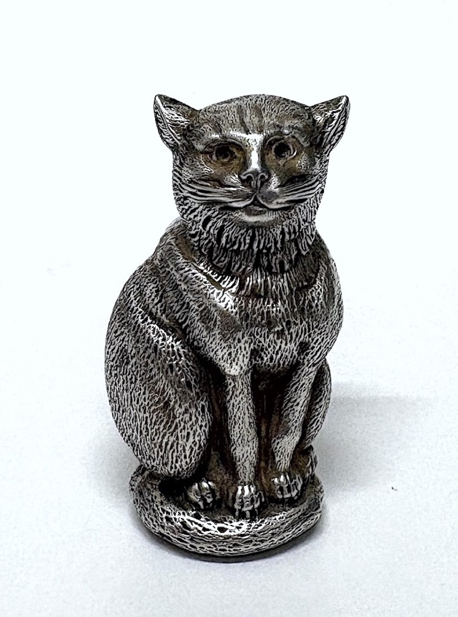 Seated Cat Sculpture, Animal Motif, Solid Silver, Umbrella Handle, 19th Century, Ref. 1204