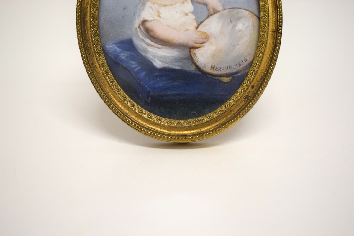 Painted Miniature Photo: Baby With Tambourine, Herald—cute Photo Frame In Gilded Bronze, Ref. 1205-photo-5