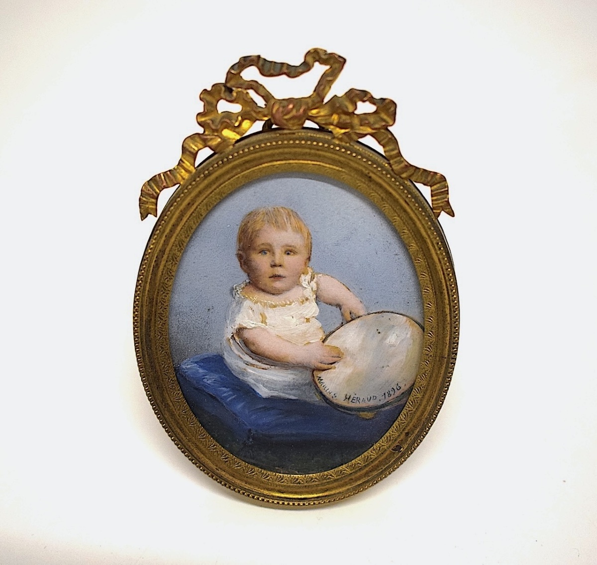Painted Miniature Photo: Baby With Tambourine, Herald—cute Photo Frame In Gilded Bronze, Ref. 1205-photo-6