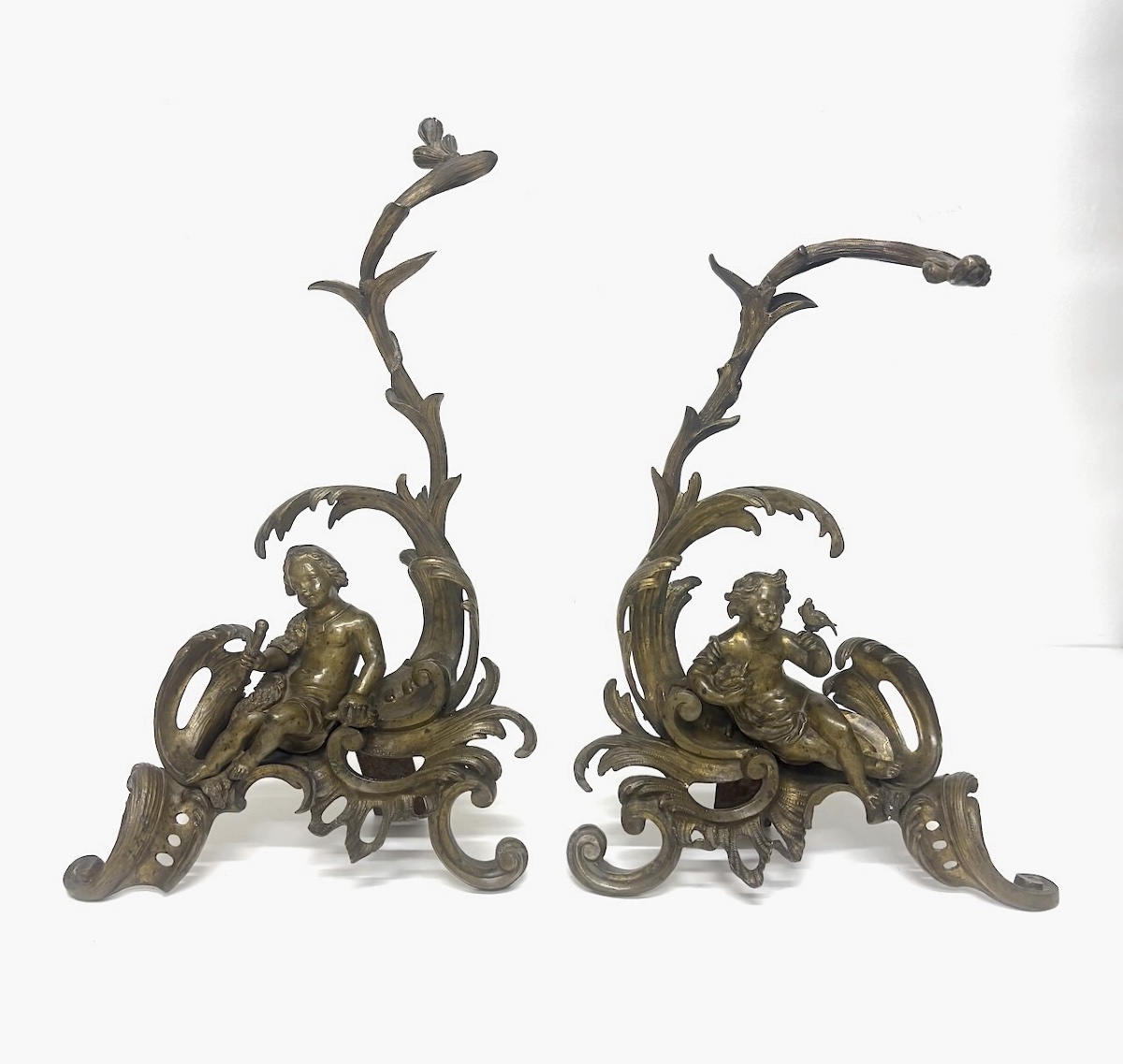 Pair Of Rococo-style Bronze Fire Tongs With Putti And Naturalistic Decorations Ref1209