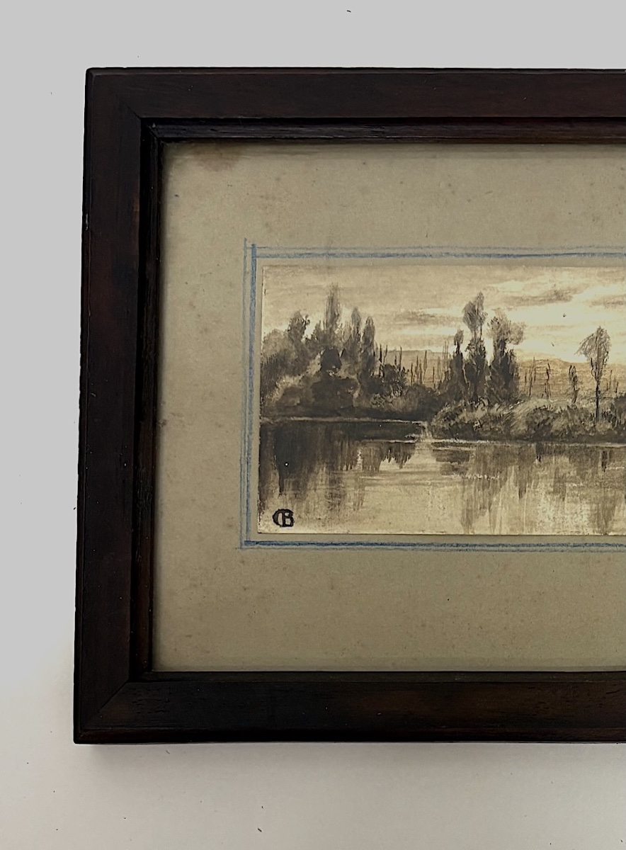 Miniature Watercolor, Ink Wash, Poissy On The Banks Of The Seine, Monogram Cb, Ref. M1187-photo-2