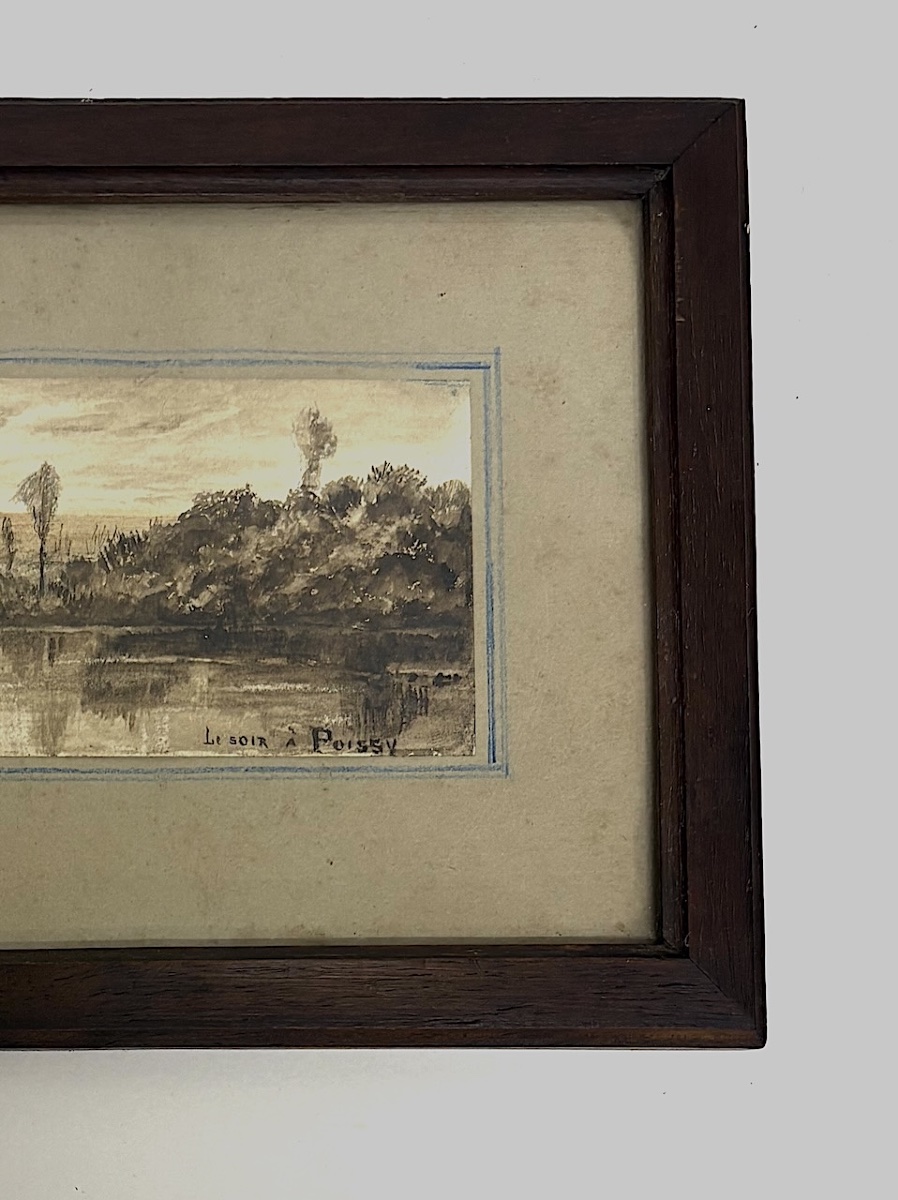 Miniature Watercolor, Ink Wash, Poissy On The Banks Of The Seine, Monogram Cb, Ref. M1187-photo-3