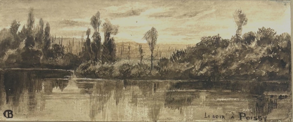 Miniature Watercolor, Ink Wash, Poissy On The Banks Of The Seine, Monogram Cb, Ref. M1187-photo-4