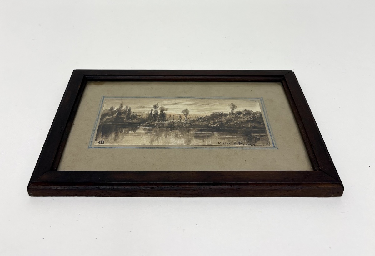 Miniature Watercolor, Ink Wash, Poissy On The Banks Of The Seine, Monogram Cb, Ref. M1187-photo-1