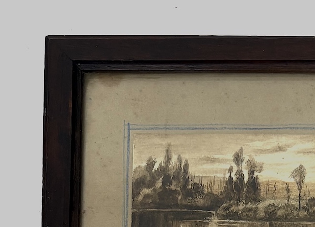 Miniature Watercolor, Ink Wash, Poissy On The Banks Of The Seine, Monogram Cb, Ref. M1187-photo-2