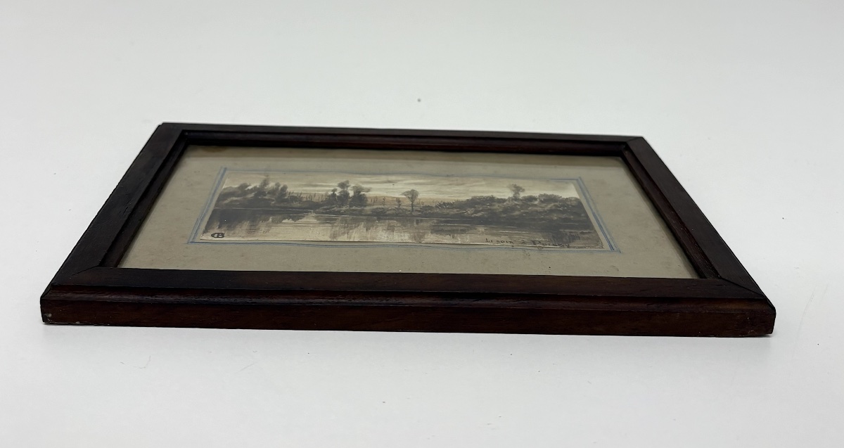 Miniature Watercolor, Ink Wash, Poissy On The Banks Of The Seine, Monogram Cb, Ref. M1187-photo-6