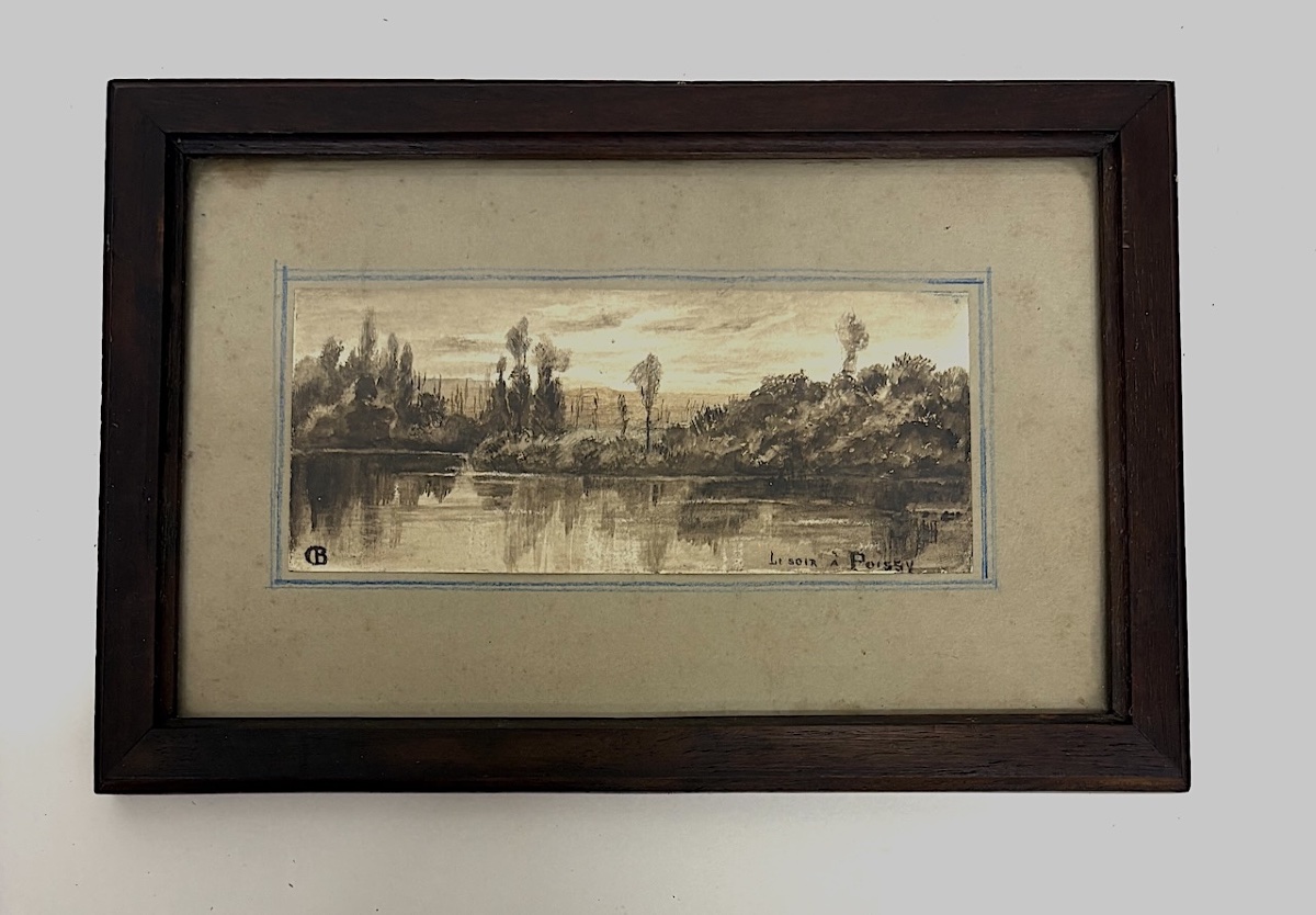 Miniature Watercolor, Ink Wash, Poissy On The Banks Of The Seine, Monogram Cb, Ref. M1187