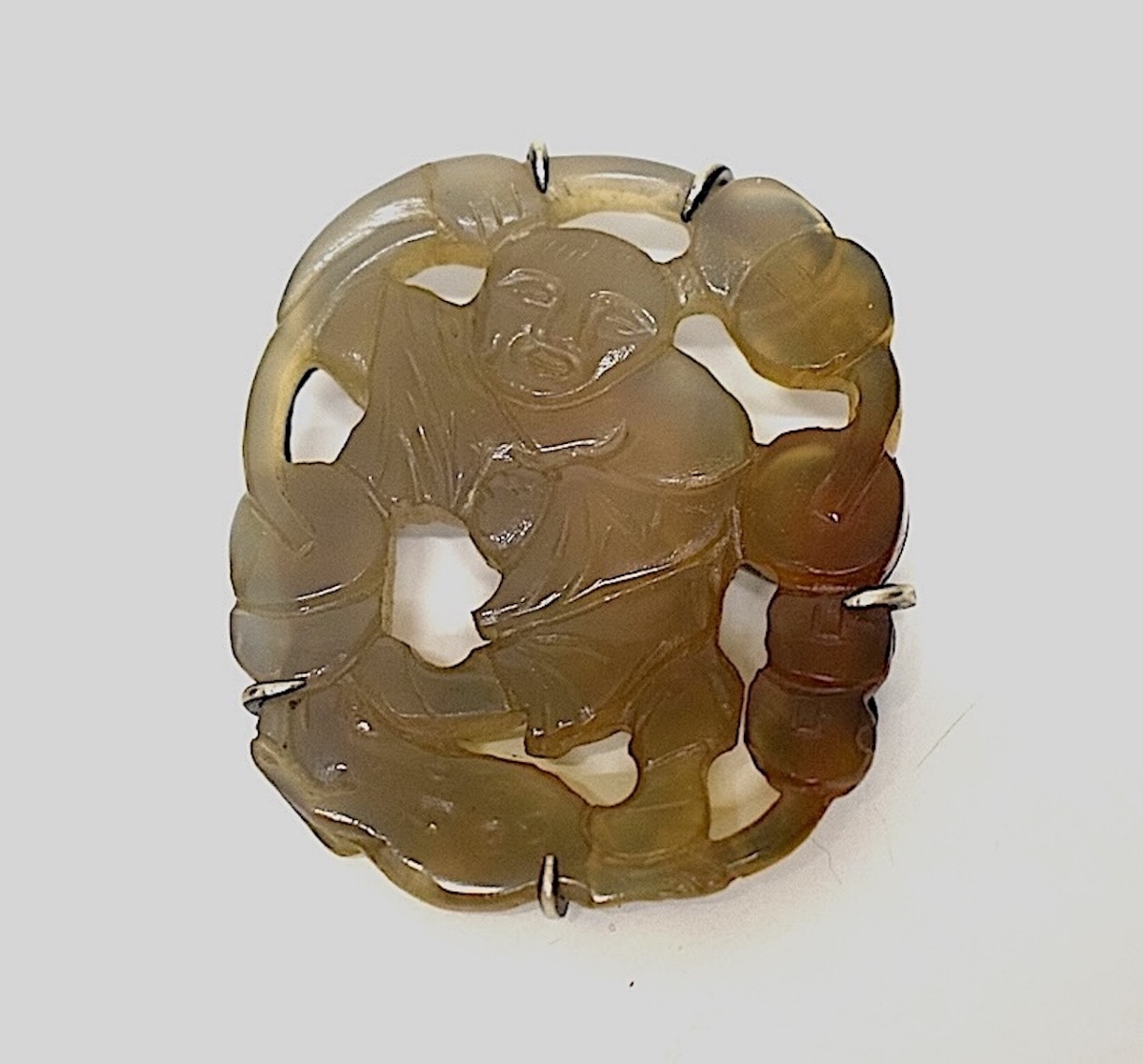 Jewelry: Chinese Brooch In Carved Jade (celadon Brown) And Solid Silver (china) Ref. 1193-photo-2