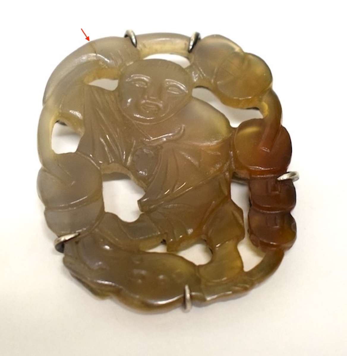 Jewelry: Chinese Brooch In Carved Jade (celadon Brown) And Solid Silver (china) Ref. 1193-photo-2