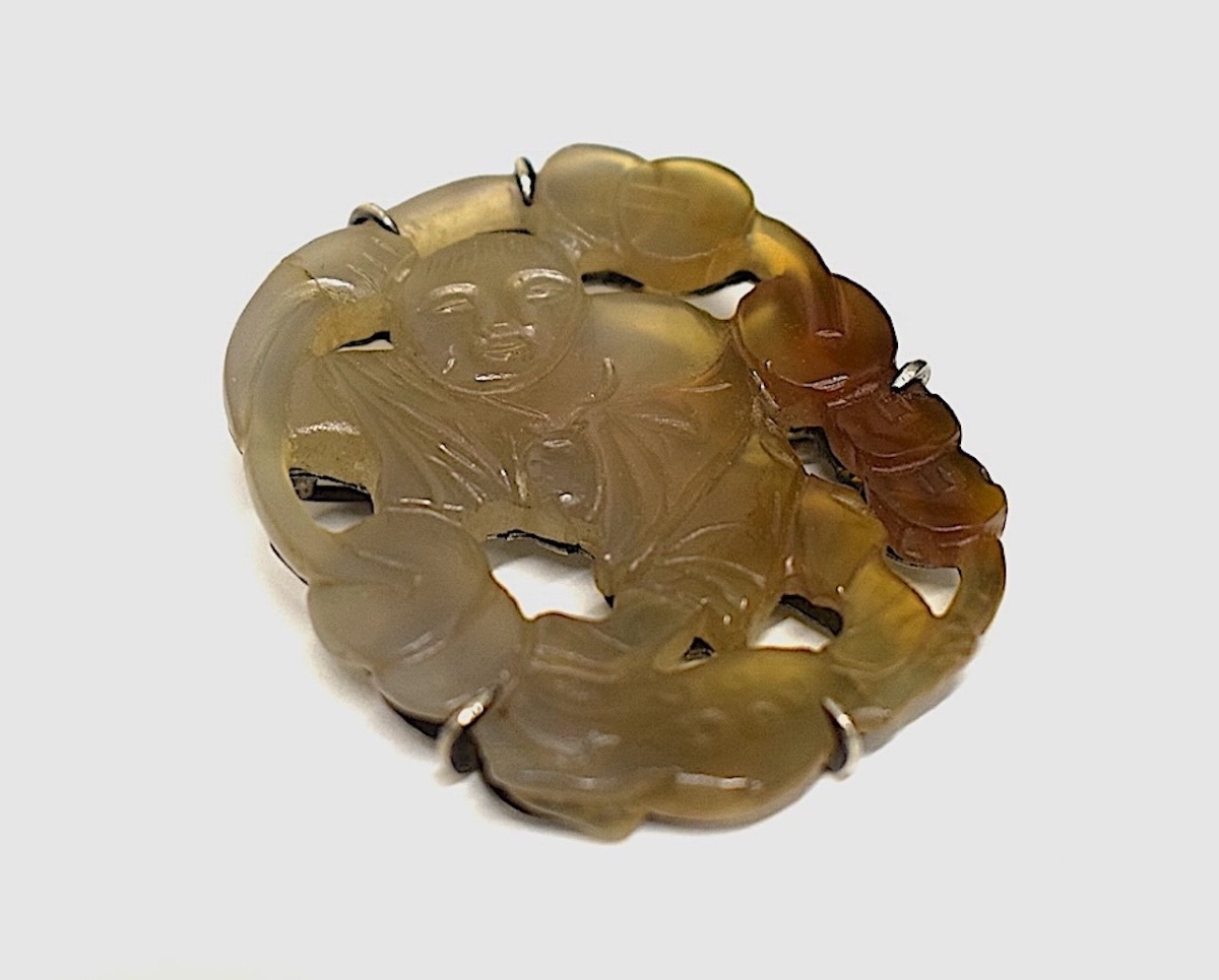 Jewelry: Chinese Brooch In Carved Jade (celadon Brown) And Solid Silver (china) Ref. 1193-photo-5