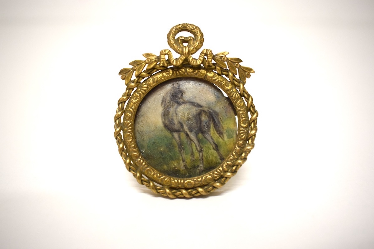 Horse  Miniature Oil Painting  Gilded Bronze Medallion Photo Frame, Signed Refm1187-photo-2