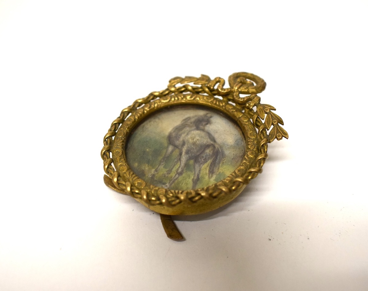 Horse  Miniature Oil Painting  Gilded Bronze Medallion Photo Frame, Signed Refm1187-photo-3