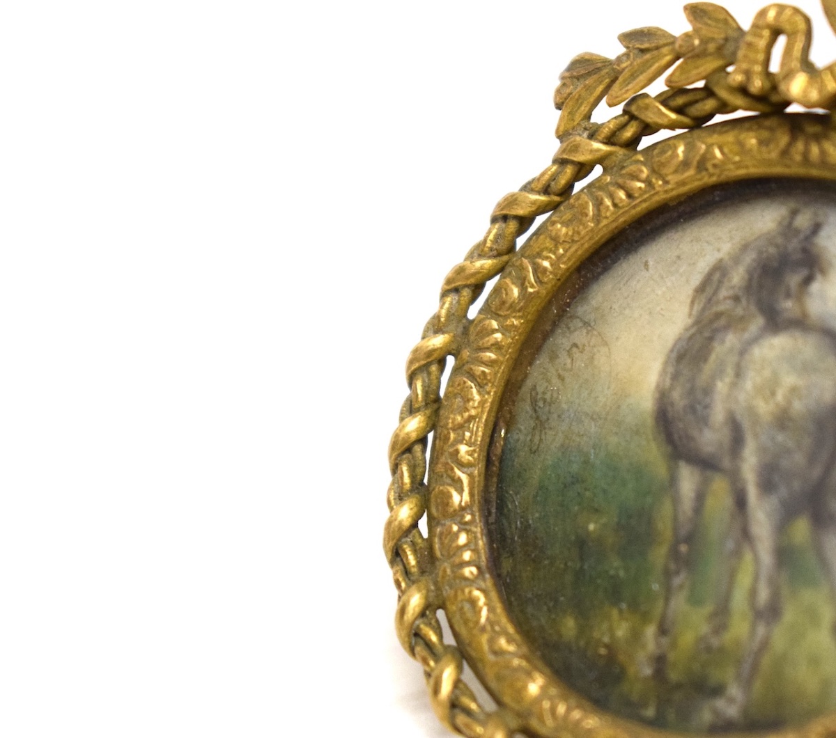 Horse  Miniature Oil Painting  Gilded Bronze Medallion Photo Frame, Signed Refm1187-photo-6