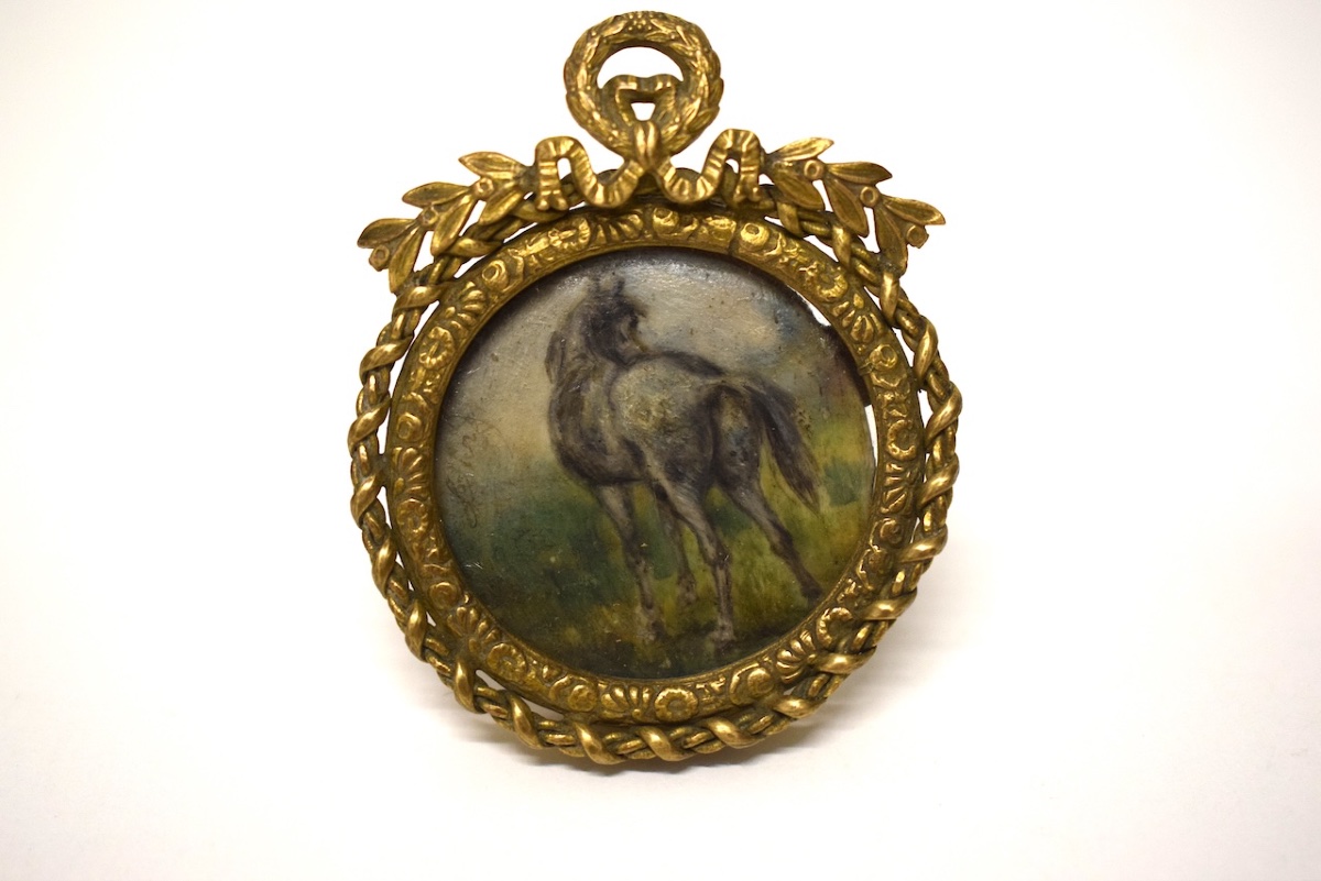 Horse  Miniature Oil Painting  Gilded Bronze Medallion Photo Frame, Signed Refm1187-photo-7