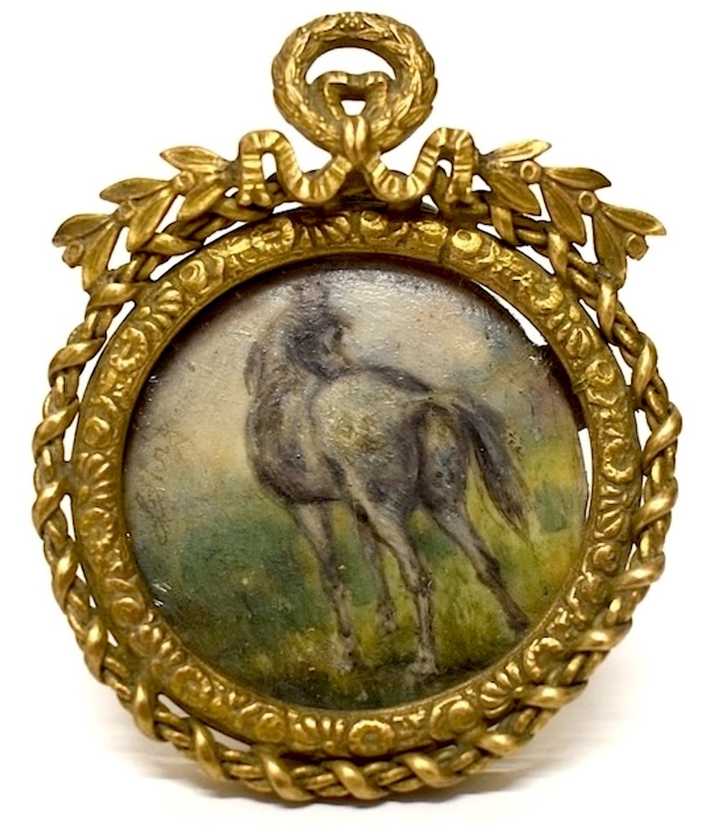 Horse  Miniature Oil Painting  Gilded Bronze Medallion Photo Frame, Signed Refm1187