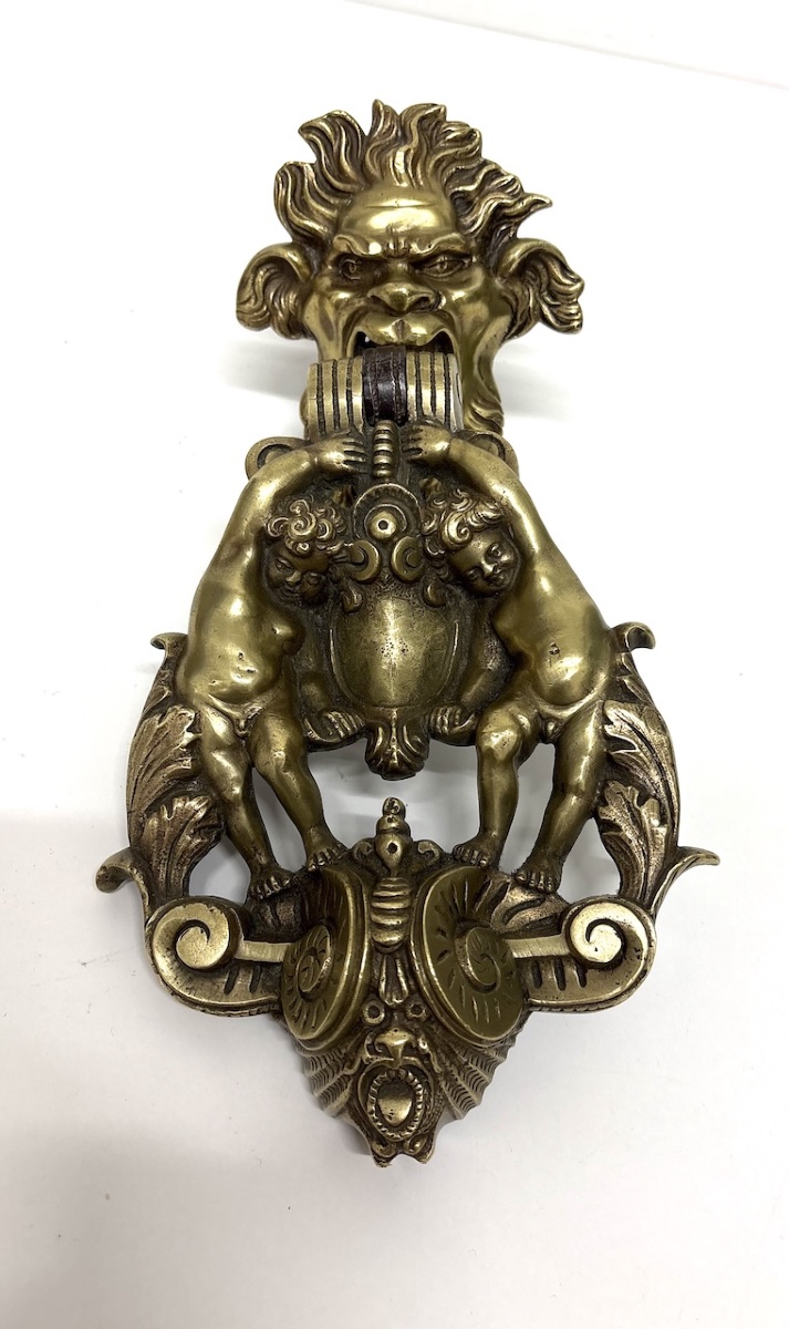 Neo-renaissance Napoleon III Bronze Door Knocker Featuring A Satyr And Putti, Ref. 1195 