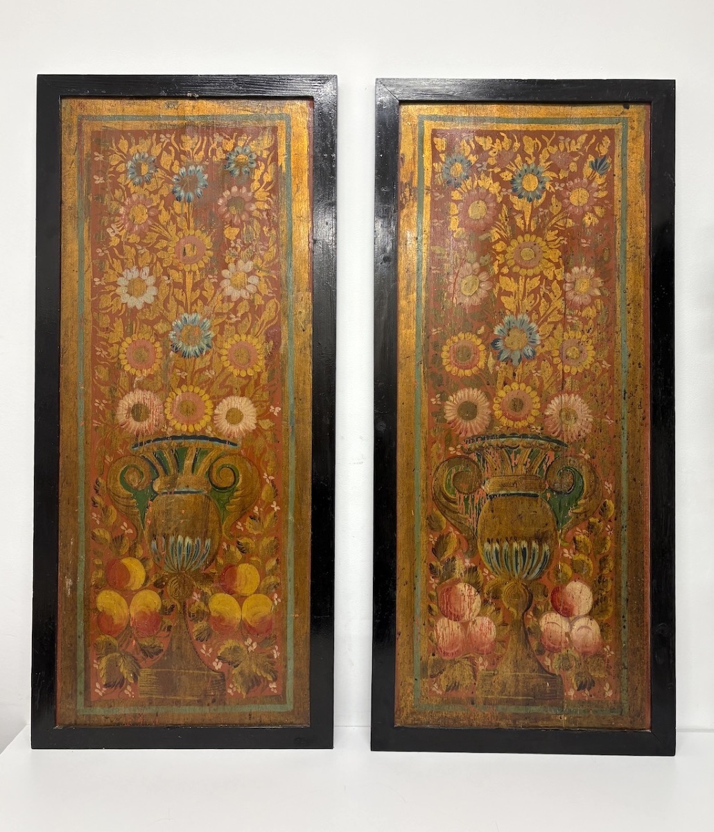 Paire de grands panneaux décoratifs vase fleuri en bois peint, alsacien ou Rhéhan ref1198-photo-6