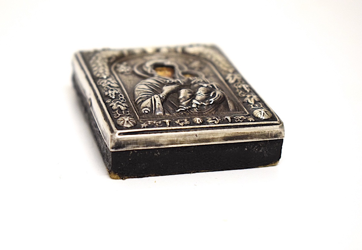 Small Icon Or Riza: Miniature Orthodox Virgin Mary Travel Icon In Solid Silver, Ref1204 -photo-4