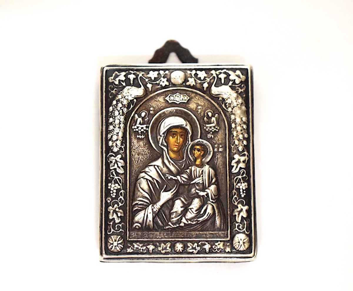 Small Icon Or Riza: Miniature Orthodox Virgin Mary Travel Icon In Solid Silver, Ref1204 