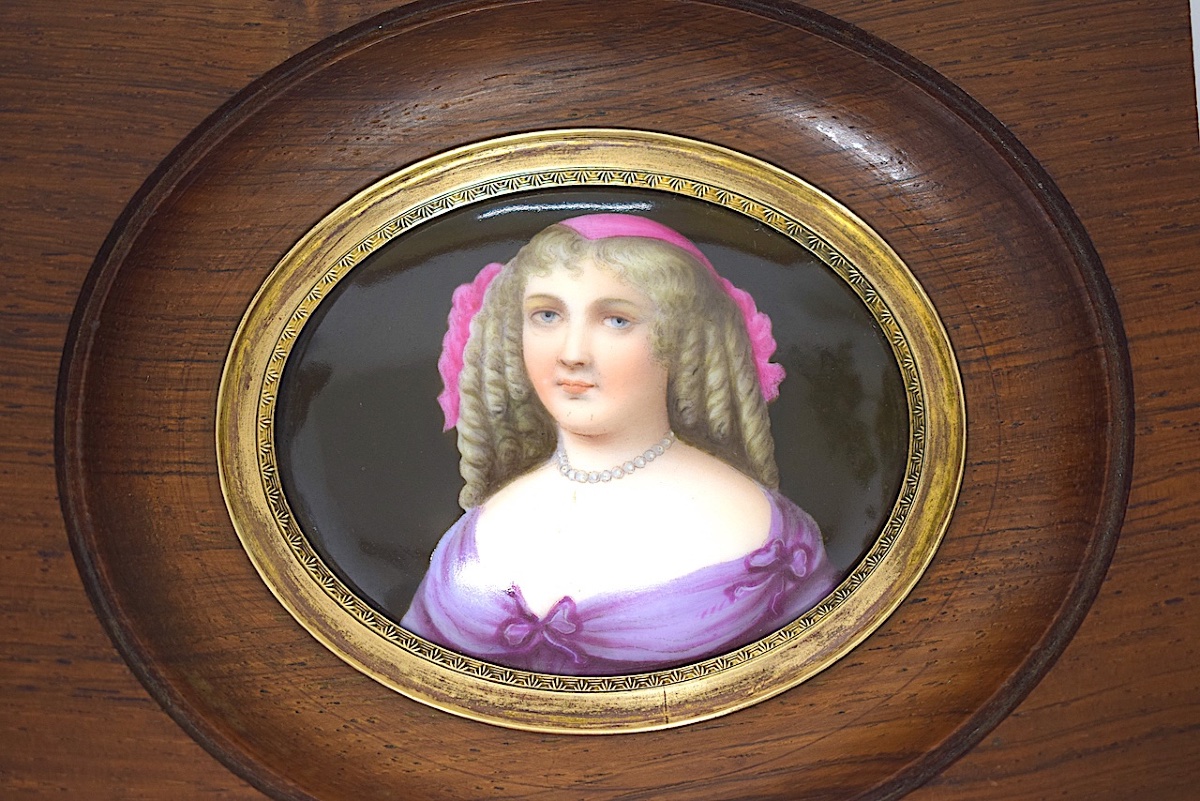Portrait miniature peint sur porcelaine &agrave; l' &eacute;mail femme courtisane Louis XIV Refm1188 -photo-2