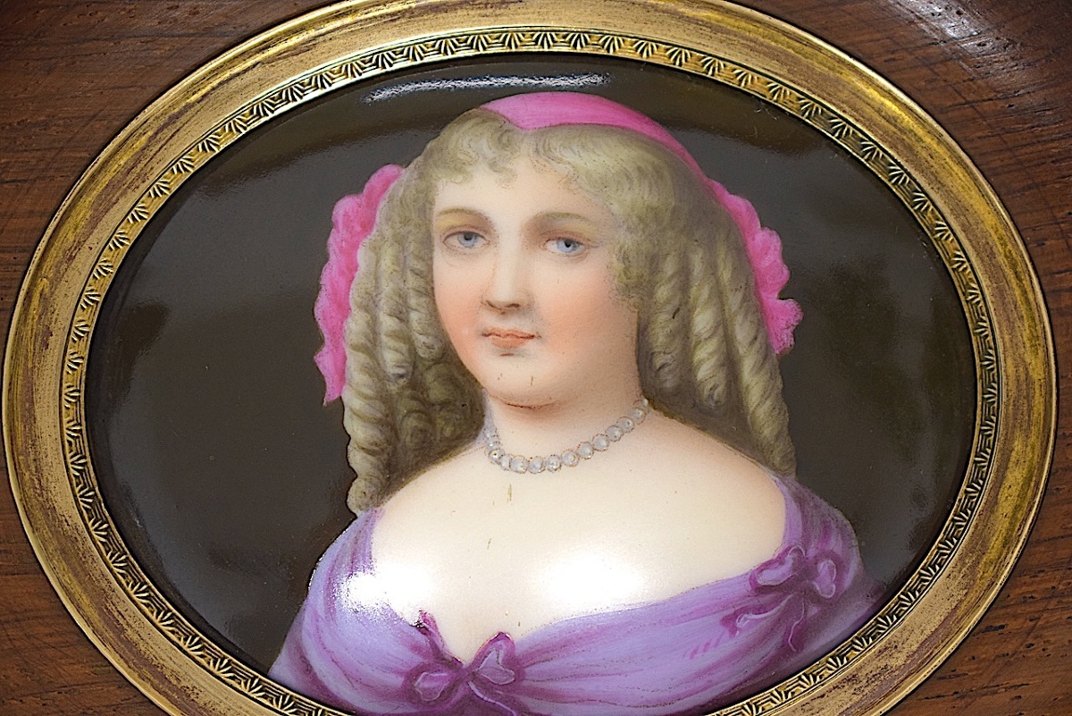 Portrait miniature peint sur porcelaine &agrave; l' &eacute;mail femme courtisane Louis XIV Refm1188 -photo-3