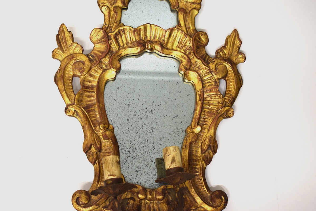Gilded Carved Wood Wall Sconce With Two Lights, Rocaille Style, Ref. 1205 -photo-4