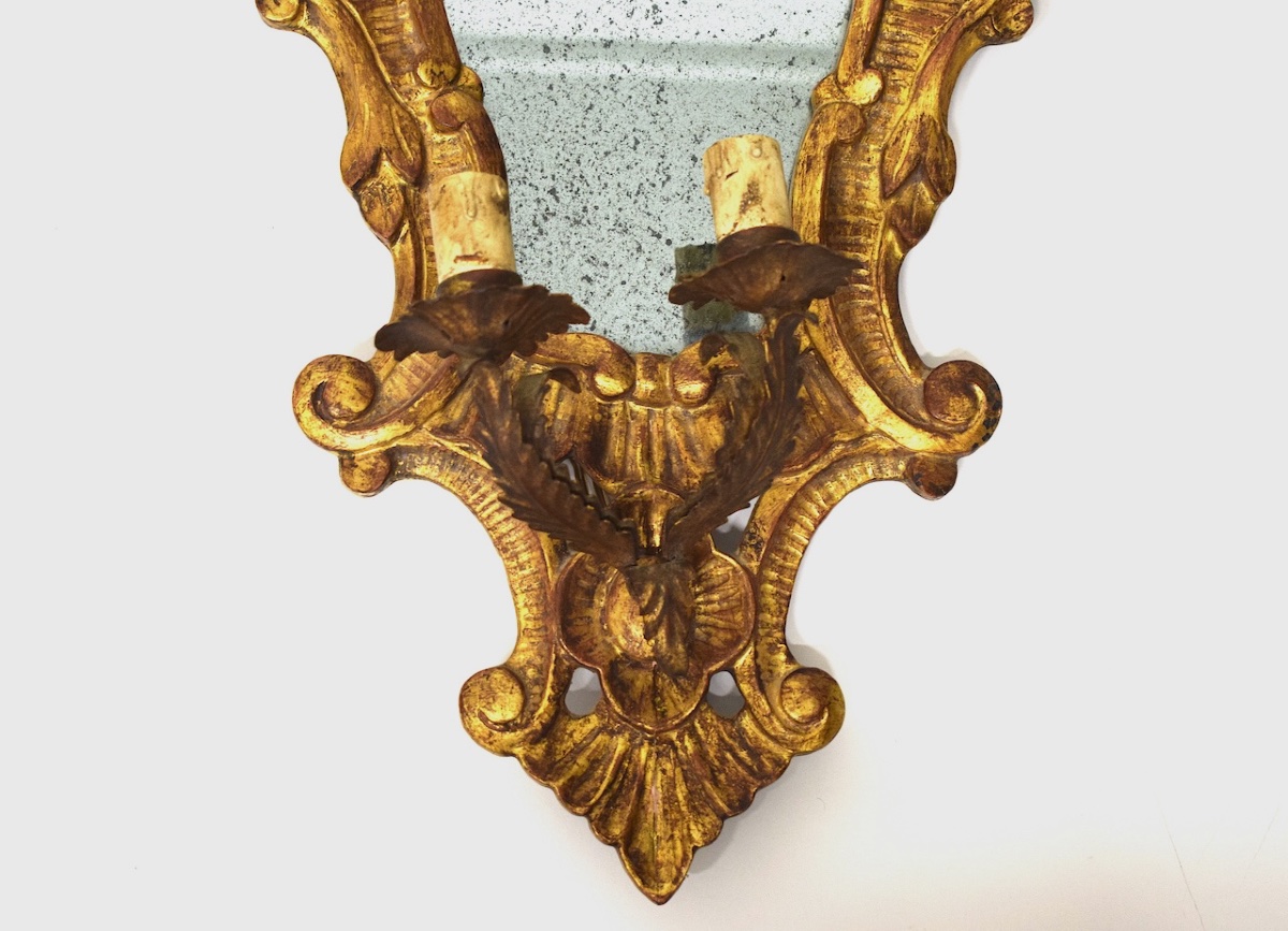 Gilded Carved Wood Wall Sconce With Two Lights, Rocaille Style, Ref. 1205 -photo-1