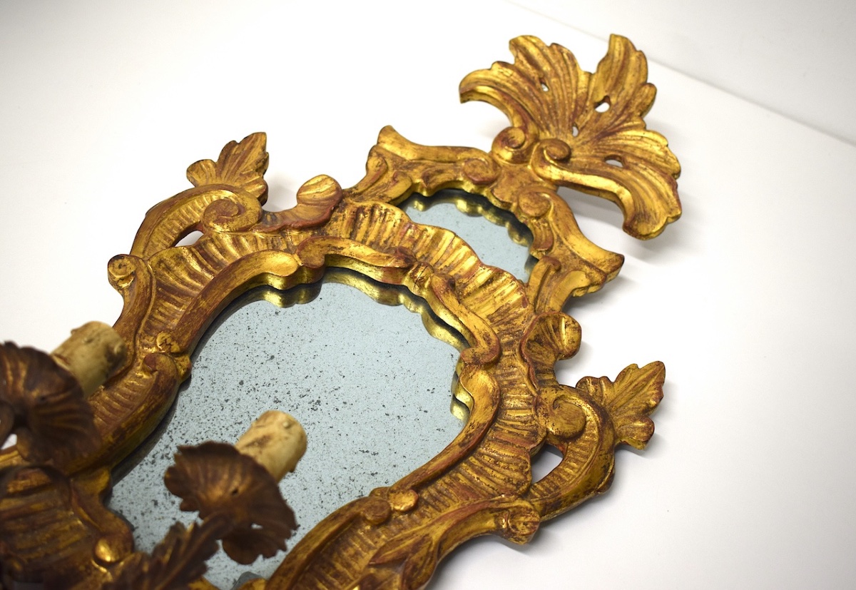 Gilded Carved Wood Wall Sconce With Two Lights, Rocaille Style, Ref. 1205 -photo-3