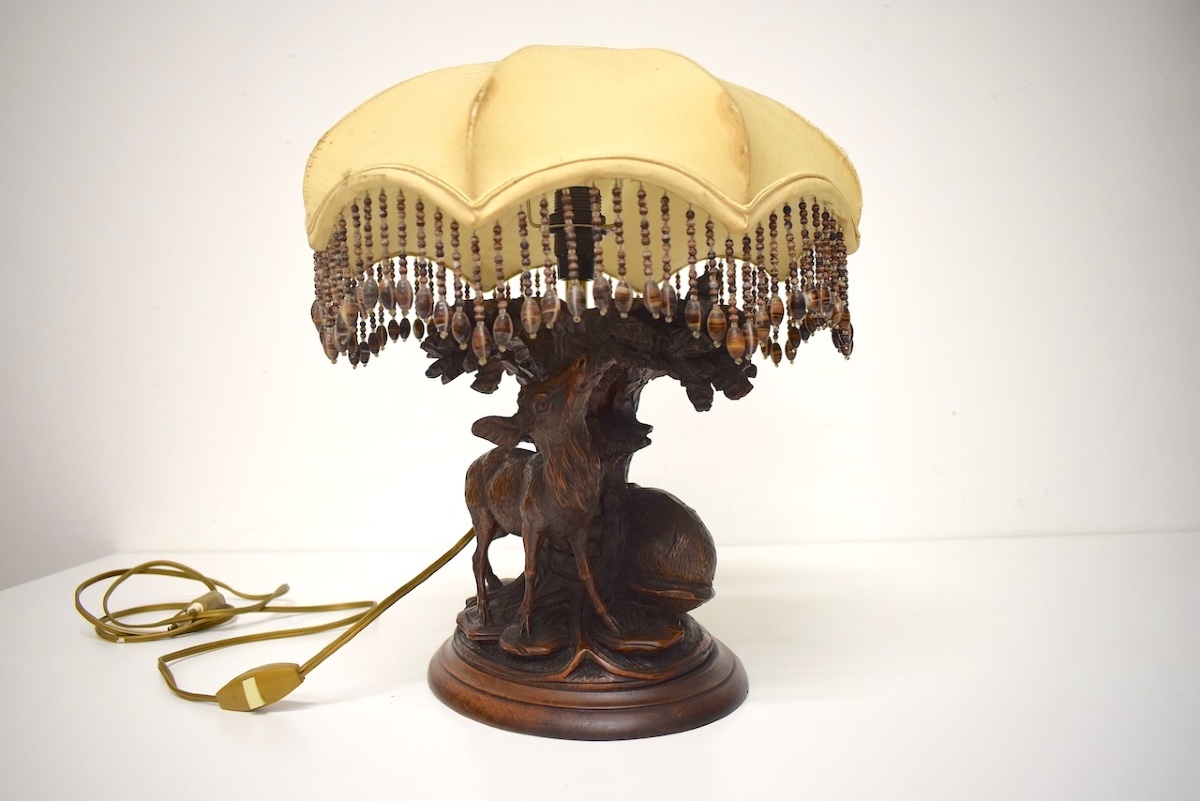 Carved Wooden Lamp With Black Forest Deer Hunting Design   Ref1208 -photo-3