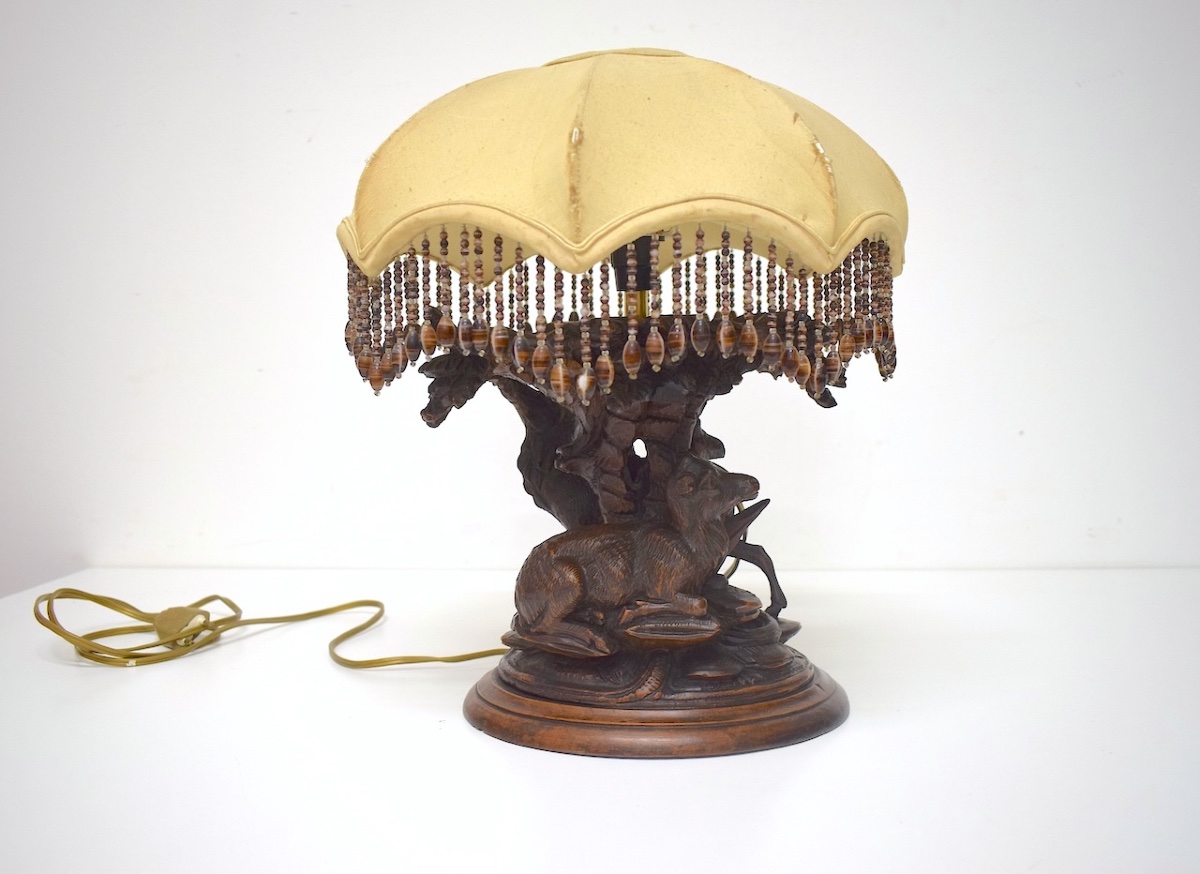 Carved Wooden Lamp With Black Forest Deer Hunting Design   Ref1208 -photo-4