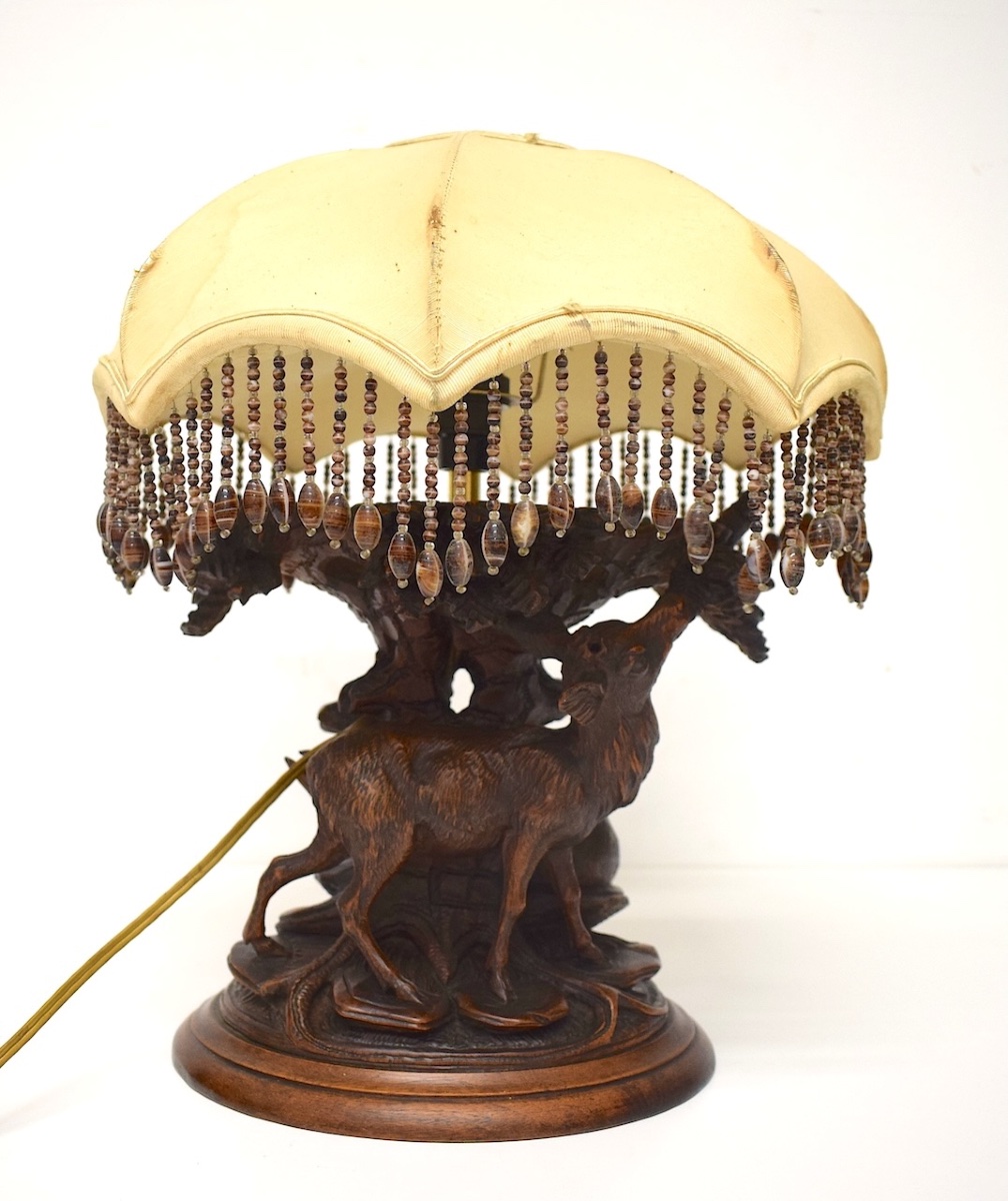 Carved Wooden Lamp With Black Forest Deer Hunting Design   Ref1208 