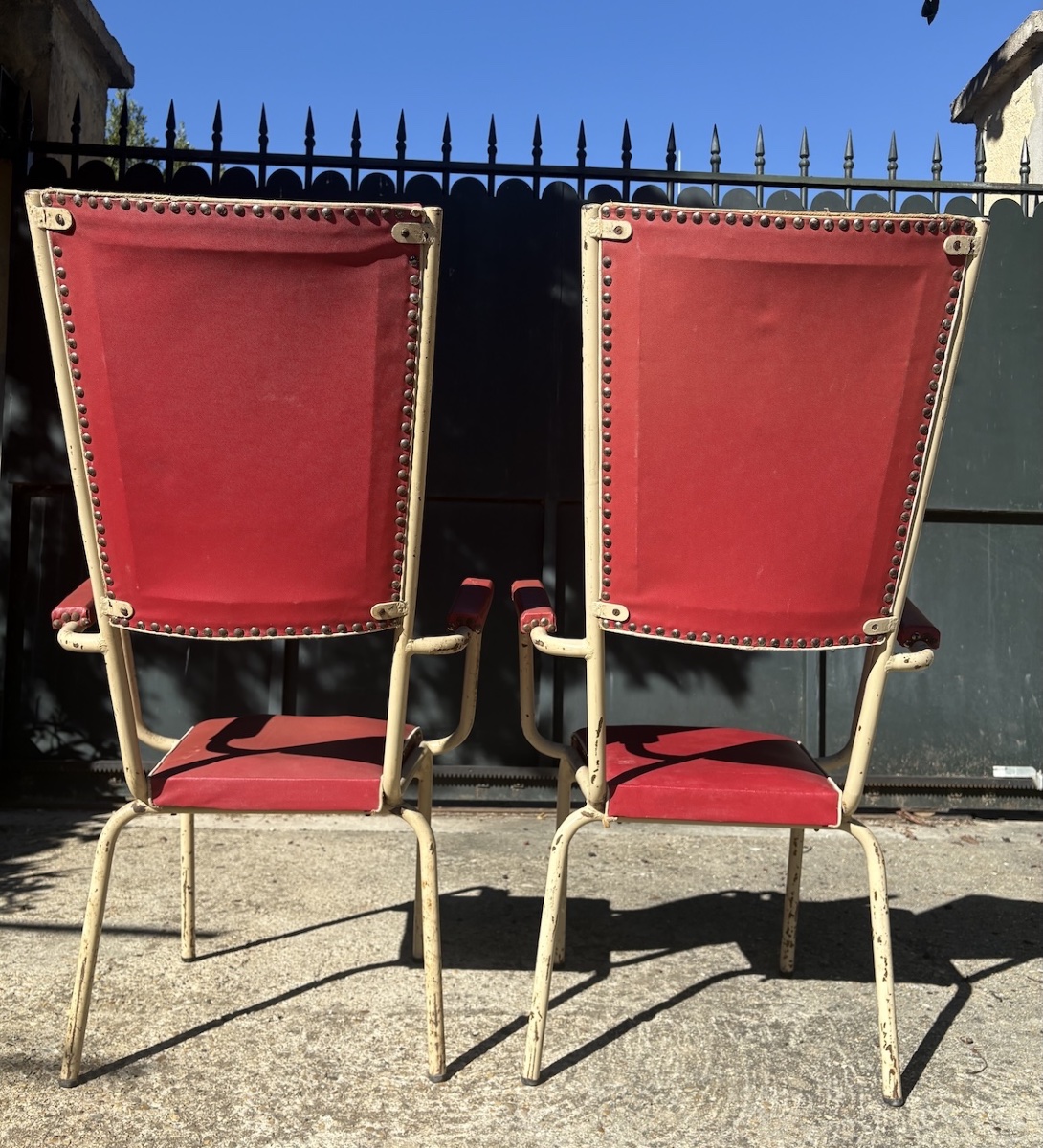 Paire de fauteuils vintage années 1930 1950 métal tubulaire skaï rouge REF1211  -photo-2
