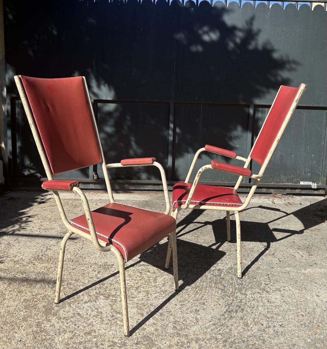 Paire de fauteuils vintage années 1930 1950 métal tubulaire skaï rouge REF1211  -photo-7