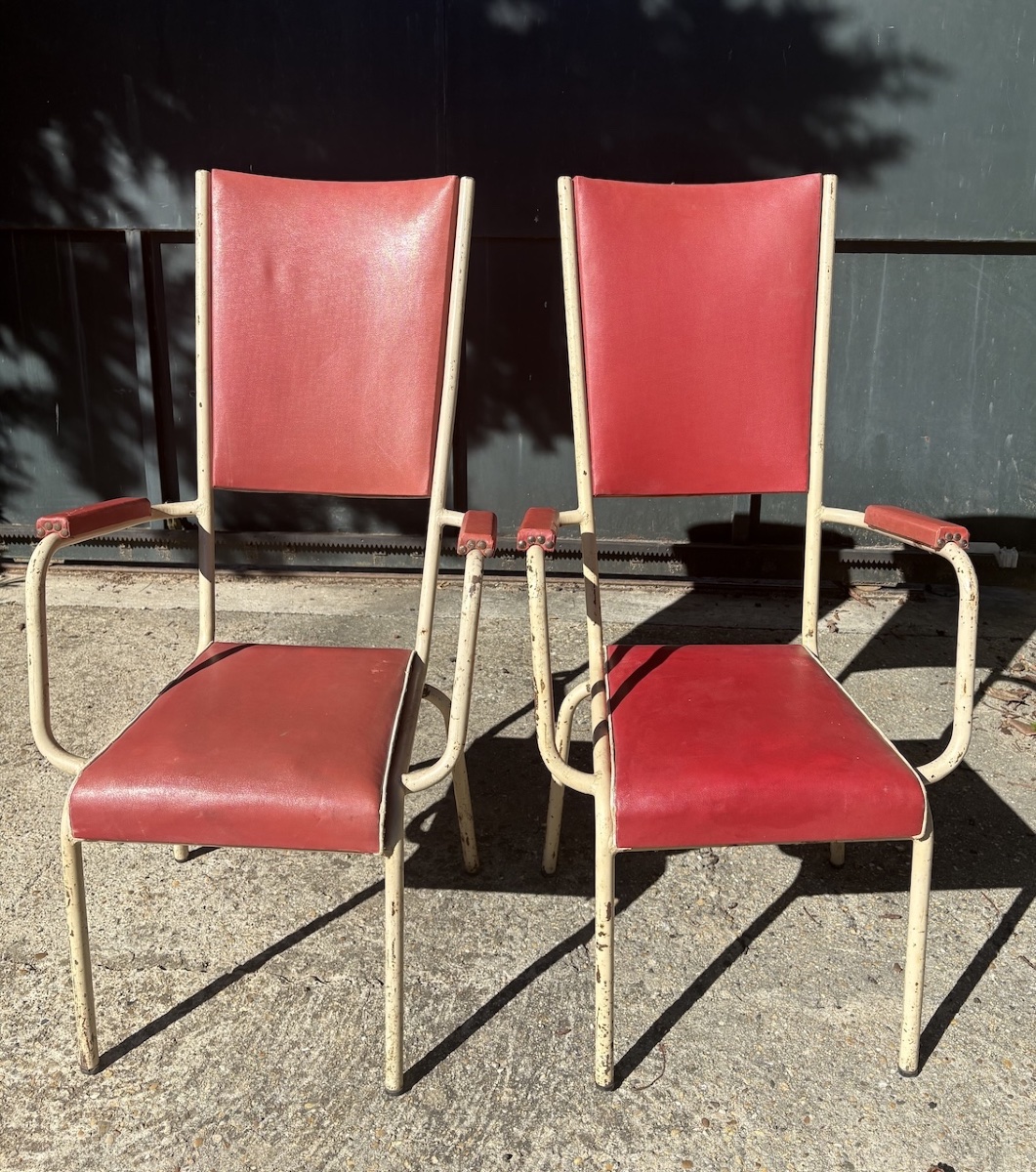 Paire de fauteuils vintage années 1930 1950 métal tubulaire skaï rouge REF1211  
