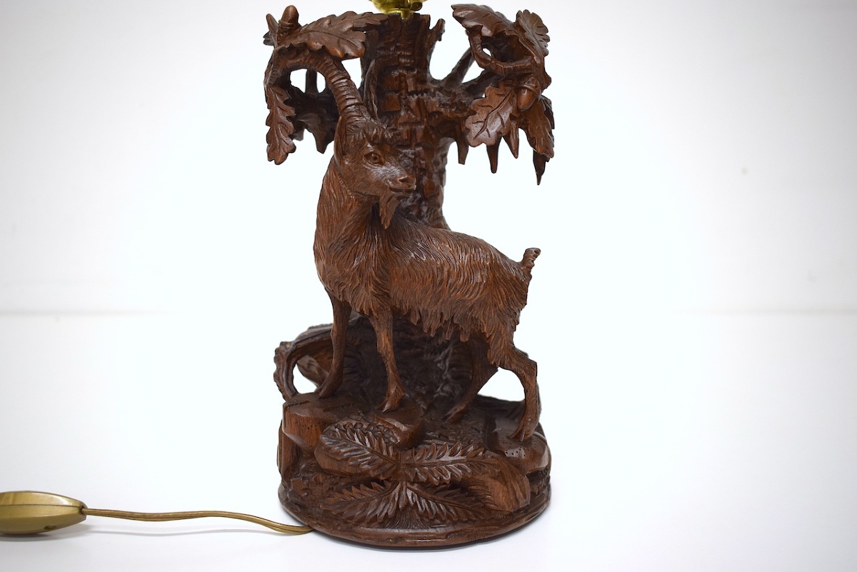 Floor Lamp, Animal-themed, Carved Wood, Black Forest, Alpine Ibex, Ref. 1215 -photo-4