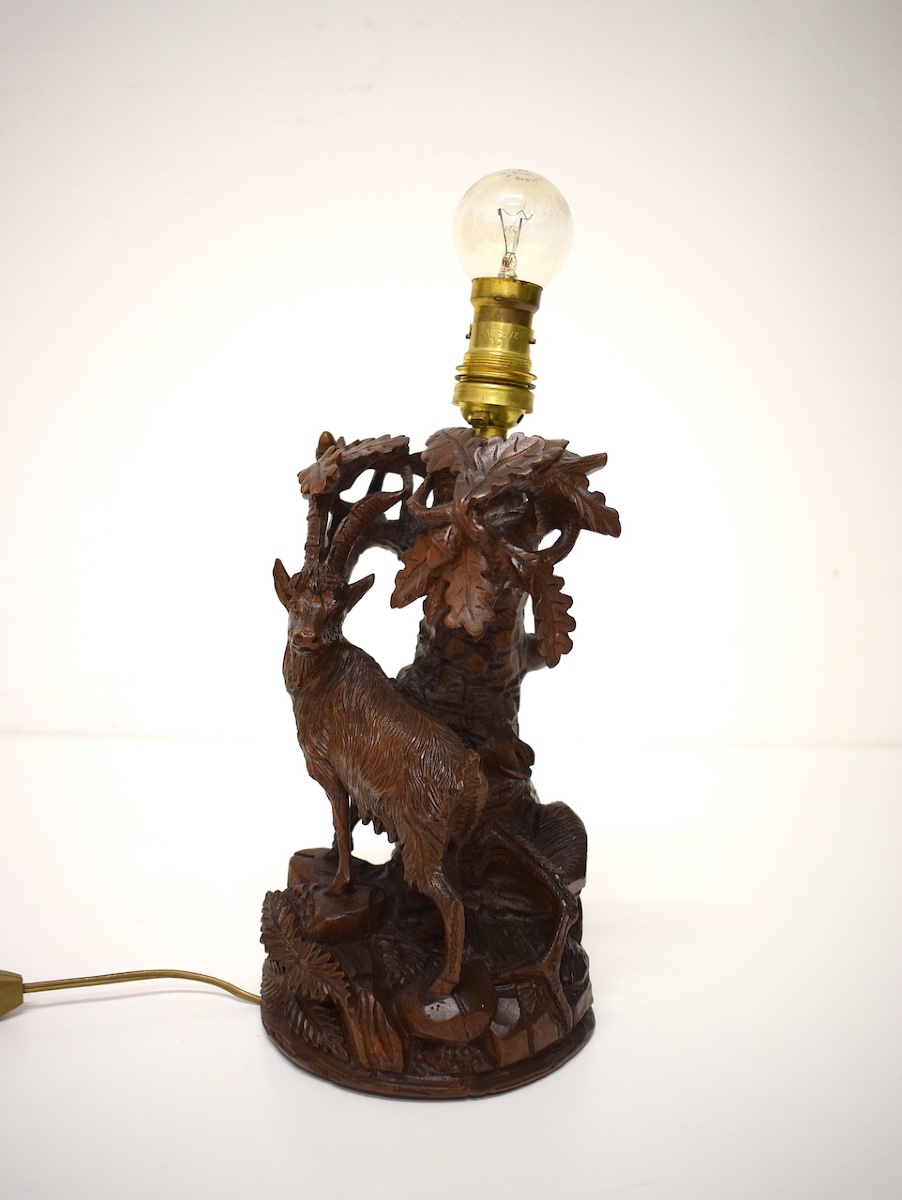 Floor Lamp, Animal-themed, Carved Wood, Black Forest, Alpine Ibex, Ref. 1215 -photo-2