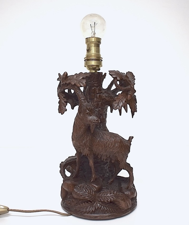 Floor Lamp, Animal-themed, Carved Wood, Black Forest, Alpine Ibex, Ref. 1215 