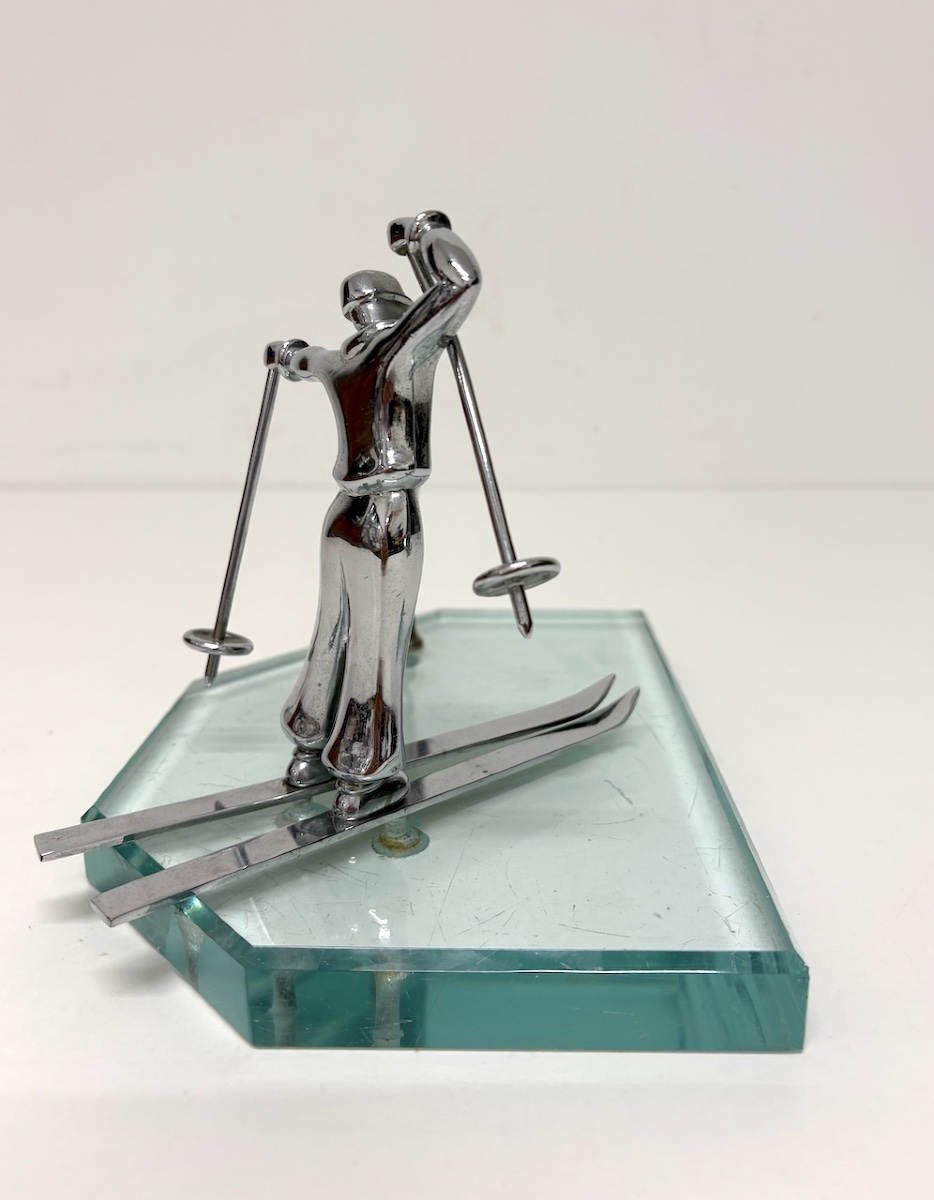 Art Deco Skier Pen Holder, Chrome-plated Metal, Beveled Glass, Sports/ski Theme, Ref. 1221-photo-4