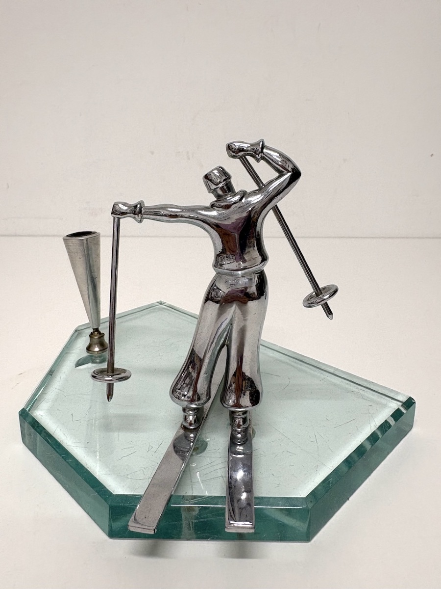 Art Deco Skier Pen Holder, Chrome-plated Metal, Beveled Glass, Sports/ski Theme, Ref. 1221-photo-1