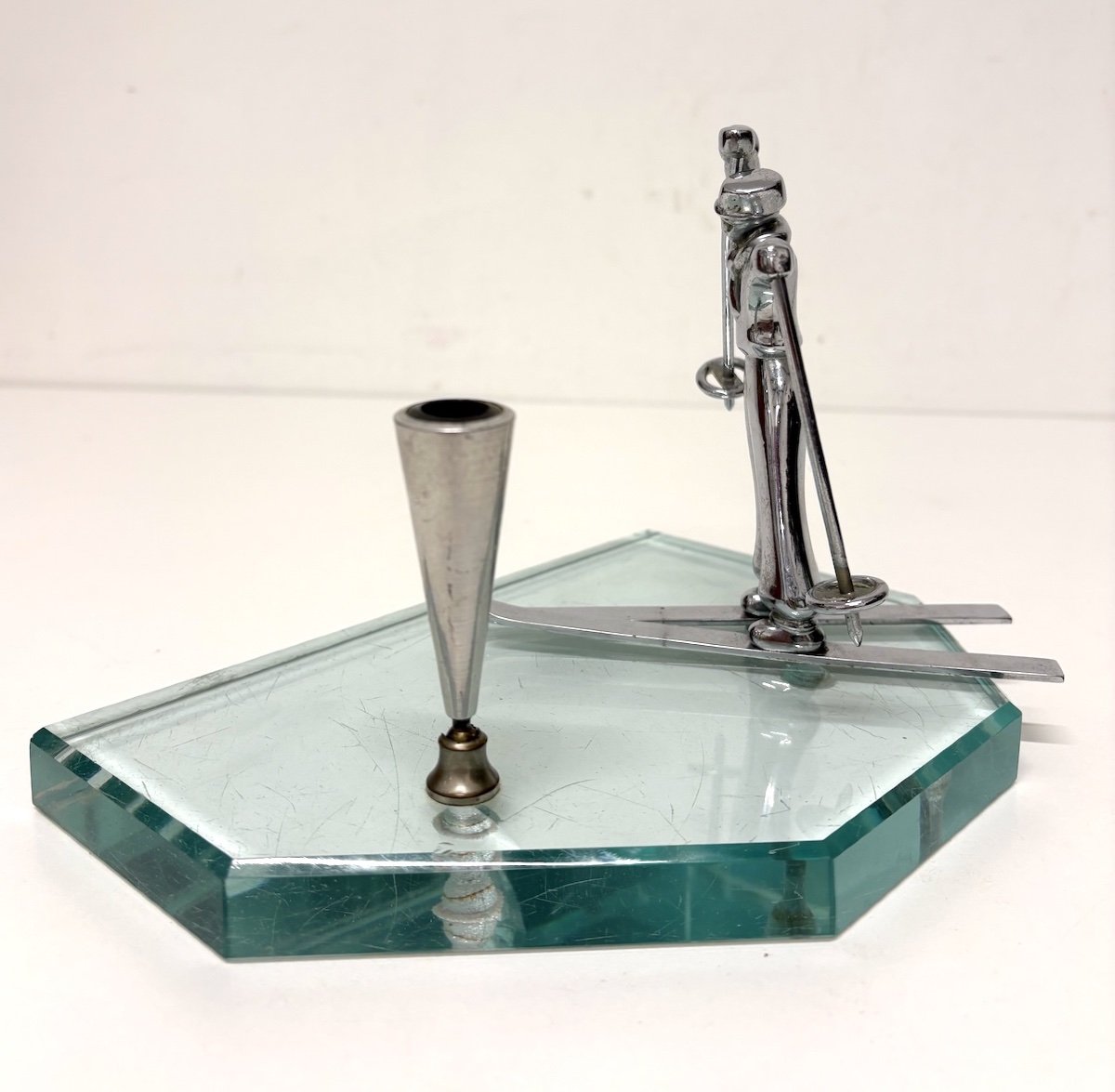 Art Deco Skier Pen Holder, Chrome-plated Metal, Beveled Glass, Sports/ski Theme, Ref. 1221-photo-3