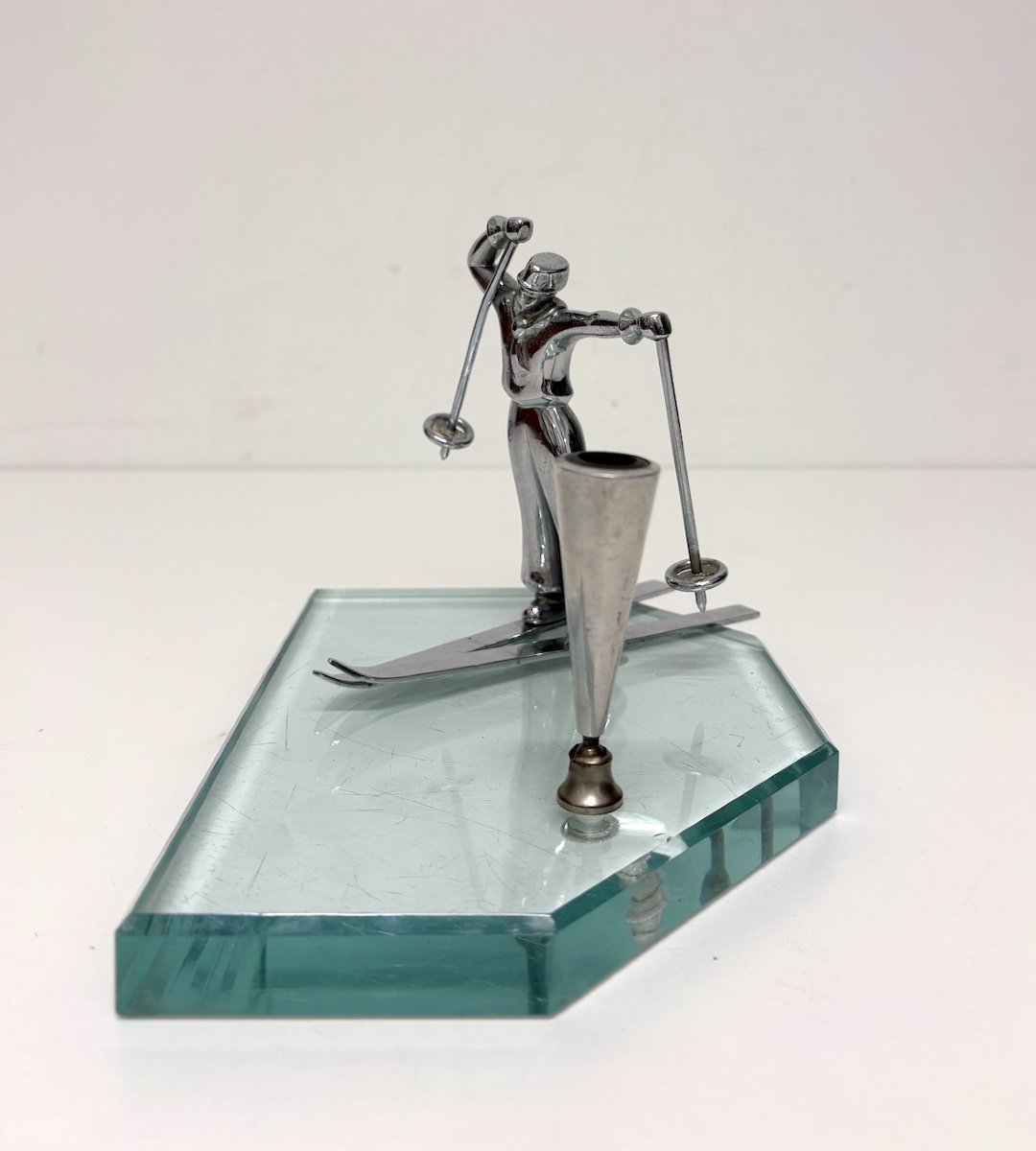 Art Deco Skier Pen Holder, Chrome-plated Metal, Beveled Glass, Sports/ski Theme, Ref. 1221-photo-4
