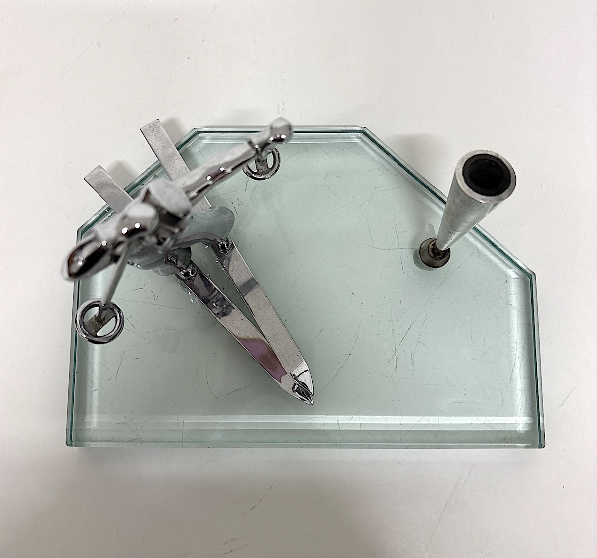 Art Deco Skier Pen Holder, Chrome-plated Metal, Beveled Glass, Sports/ski Theme, Ref. 1221-photo-7