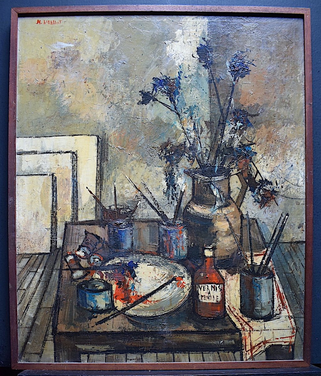 Michel Girard Nature morte Bouquet fleurs atelier de peintre Signé M Girard XX RT16-photo-6