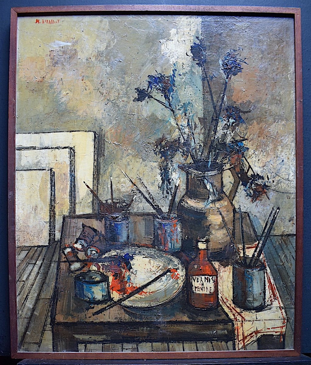 Michel Girard Nature morte Bouquet fleurs atelier de peintre Signé M Girard XX RT16